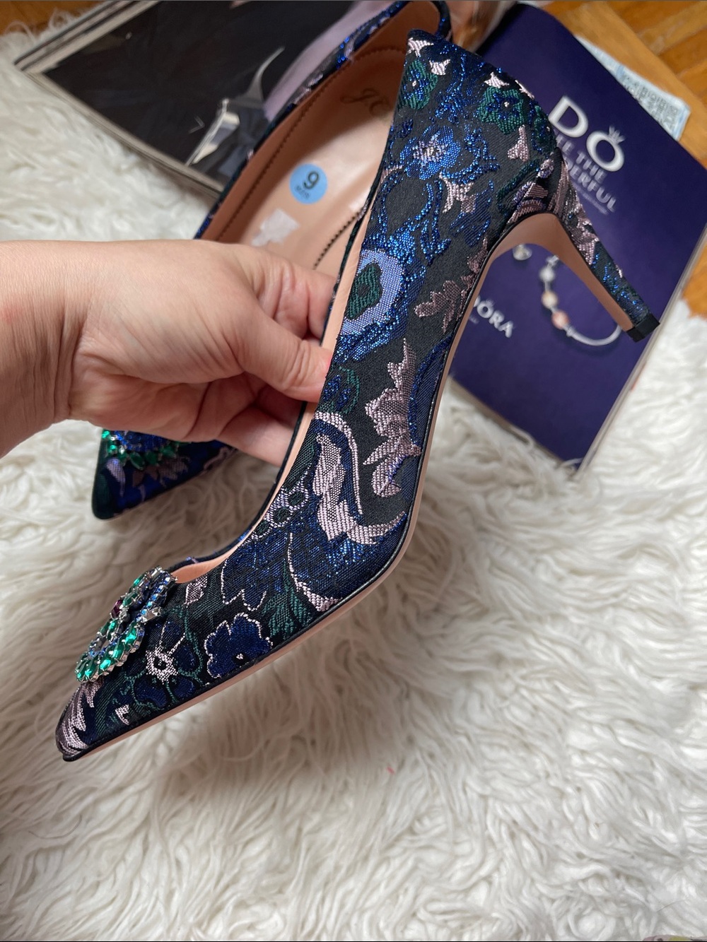 J. Crew Colette Jacquard Embellished Pumps Navy Floral Jacquard Pointed-T - Picture 5 of 12